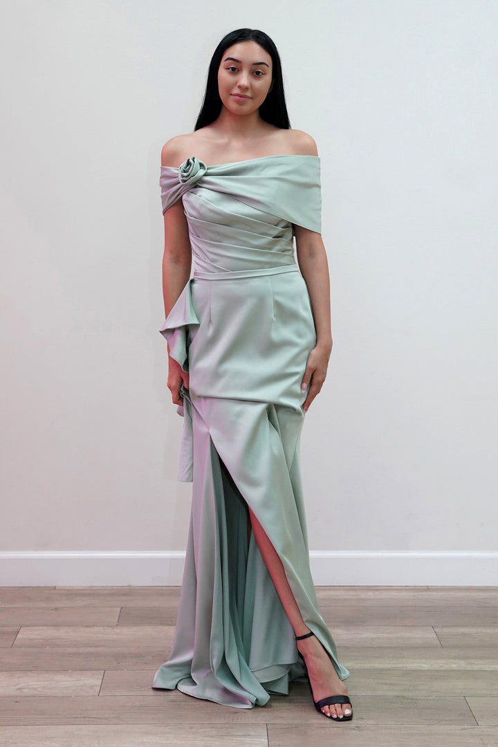 Satin Fitted Off Shoulder Slit Gown by Juliet JT2716C