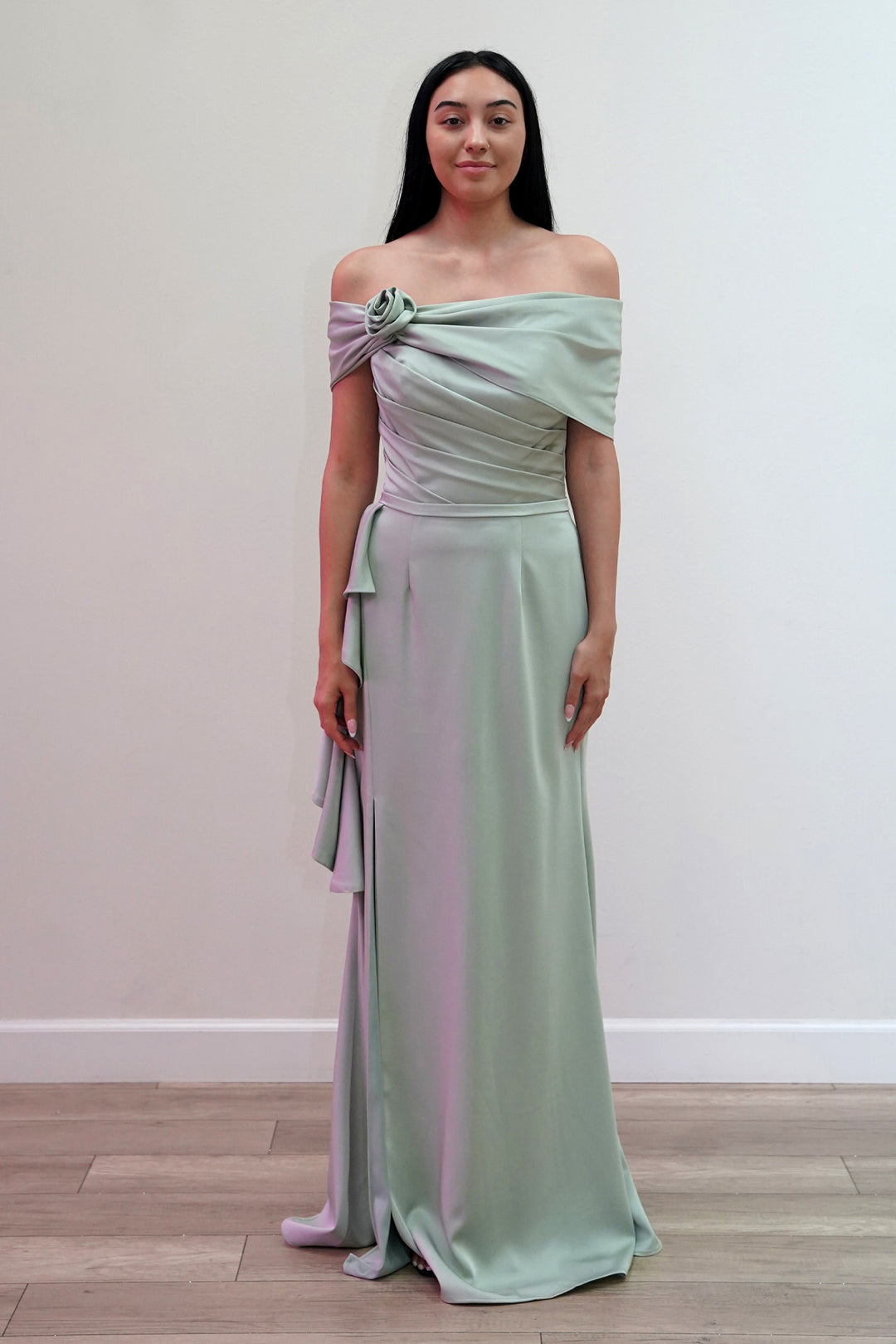 Satin Fitted Off Shoulder Slit Gown by Juliet JT2716C
