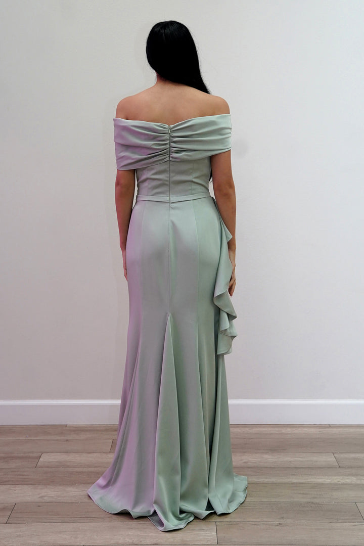 Satin Fitted Off Shoulder Slit Gown by Juliet JT2716C