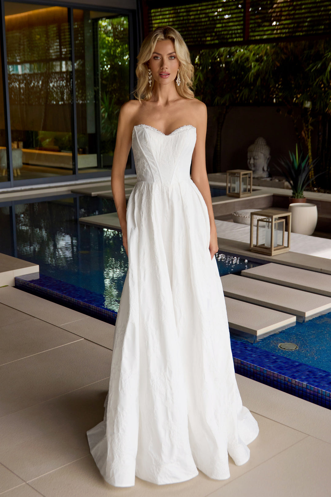 White Jacquard Strapless Gown by Juliet JT2692AW