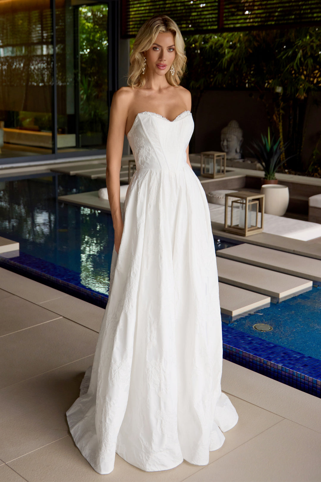 White Jacquard Strapless Gown by Juliet JT2692AW