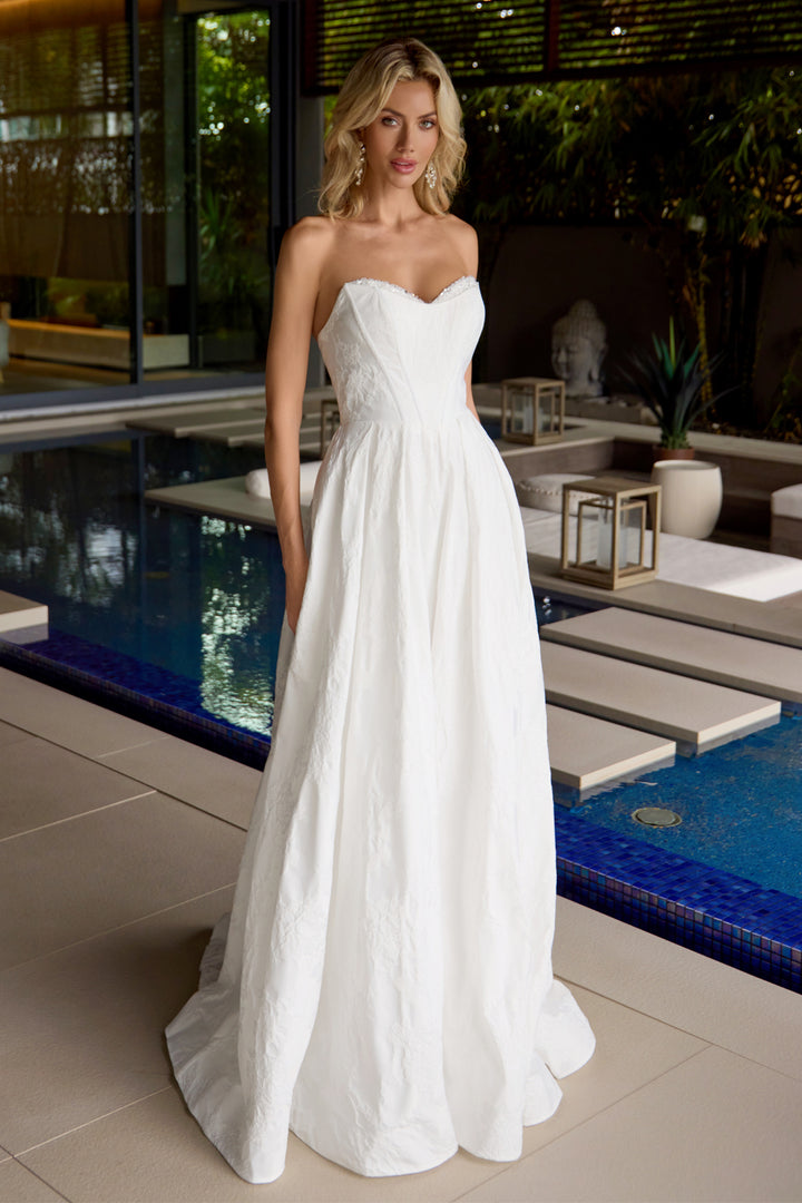 White Jacquard Strapless Gown by Juliet JT2692AW