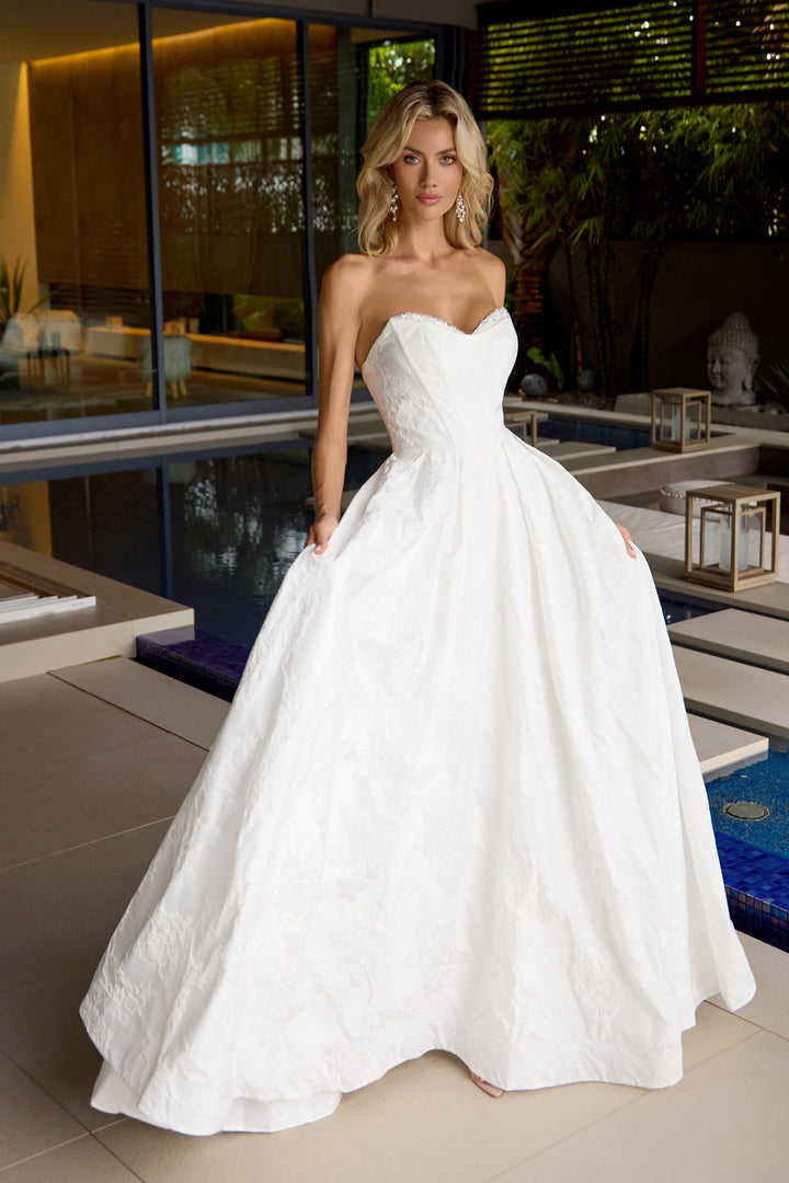 White Jacquard Strapless Gown by Juliet JT2692AW