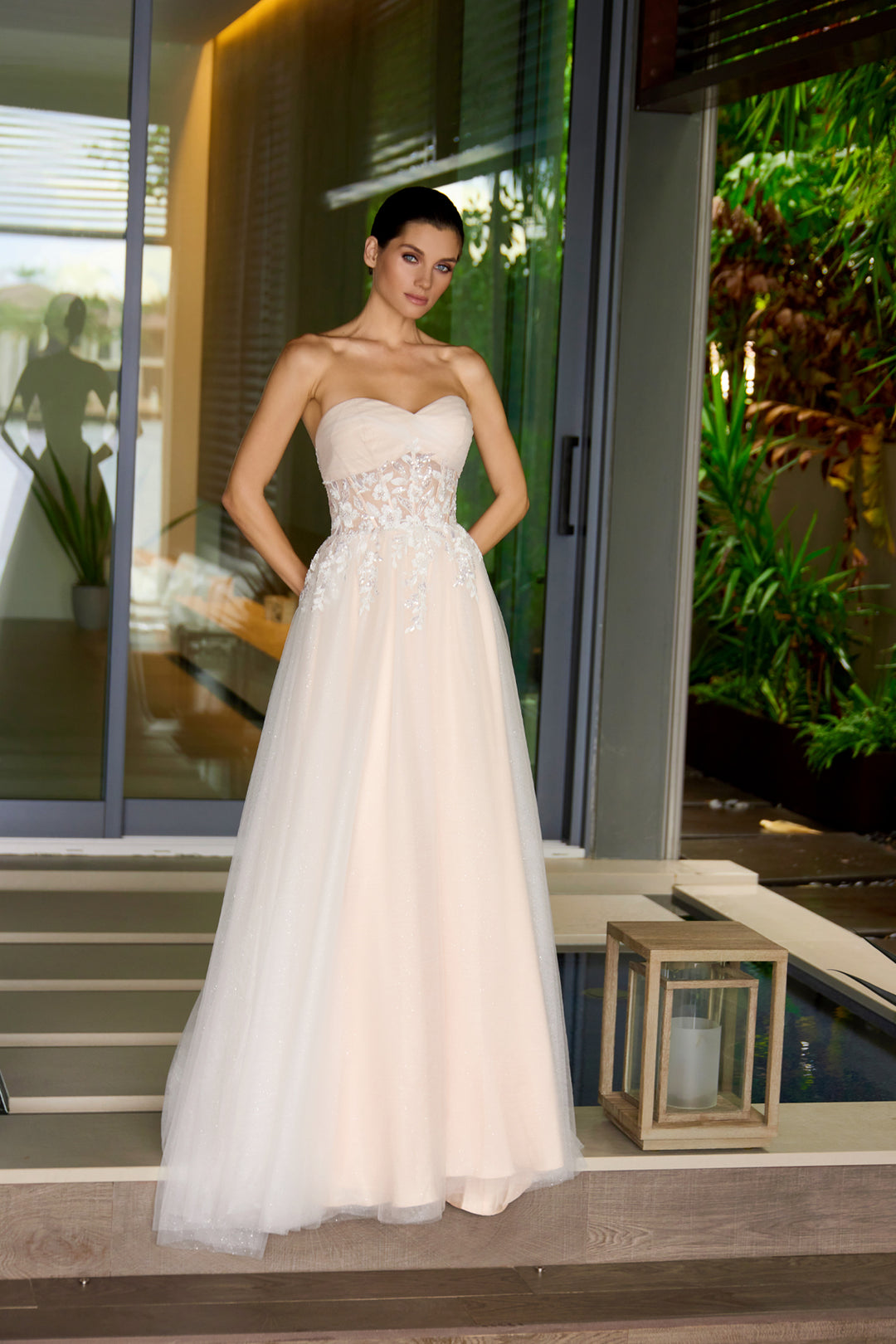 Applique Mesh Strapless Gown by Juliet JT2702AW