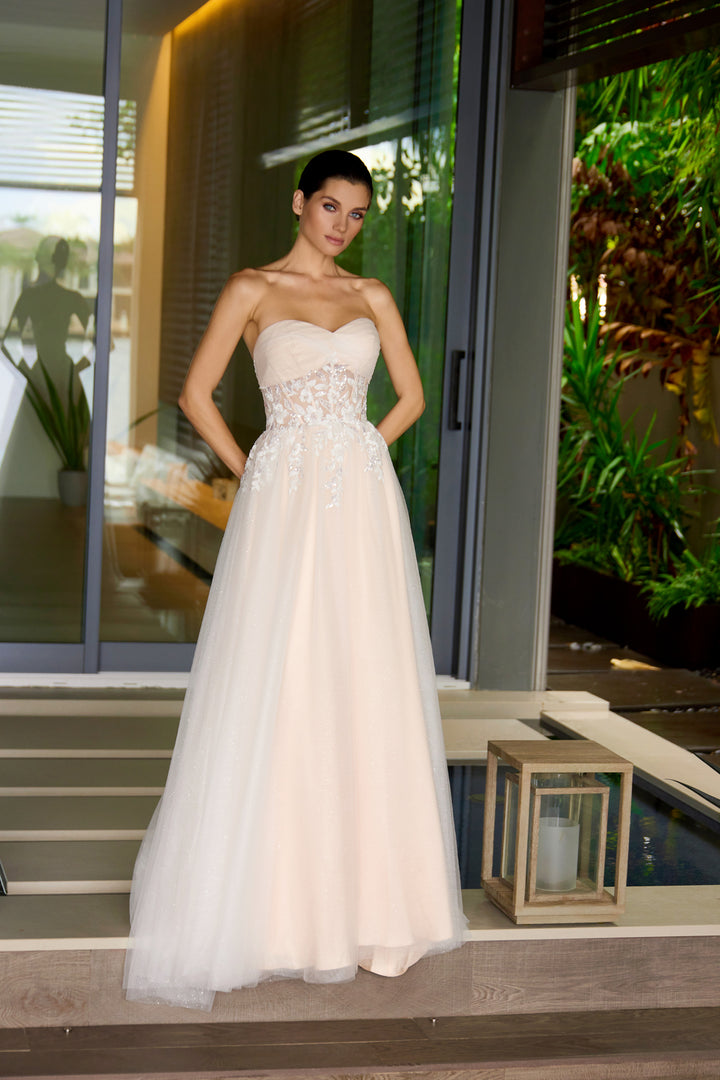 Applique Mesh Strapless Gown by Juliet JT2702AW