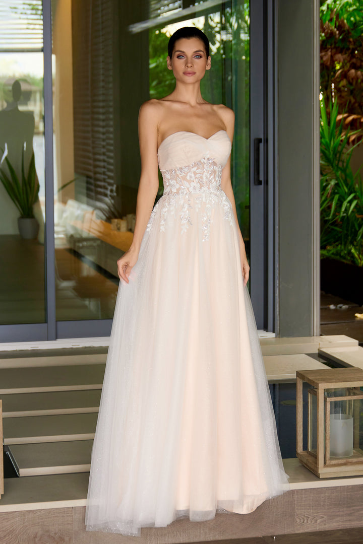 Applique Mesh Strapless Gown by Juliet JT2702AW