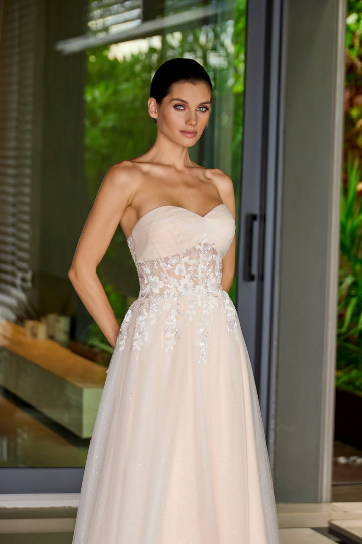 Applique Mesh Strapless Gown by Juliet JT2702AW
