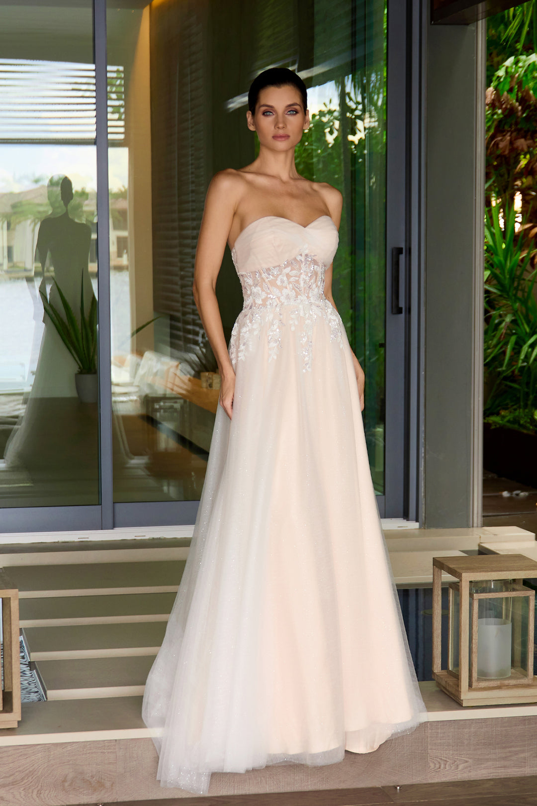 mesh applique dress 3-D Flower Puff Sleeves Mesh A-line Long Dress Detachable Waist Drape GLGL3358