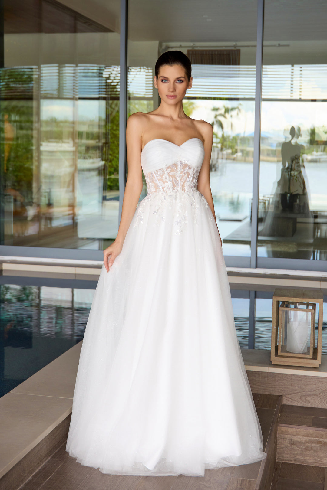 lace applique sheer dress Sheer Lace Applique Embroidery Beach A- Line Light Ivory Wedding Dress
