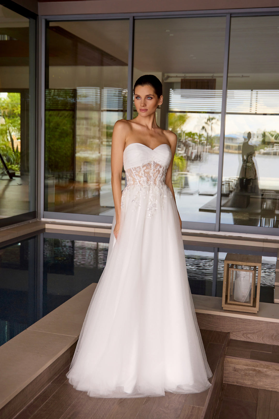 Applique Mesh Strapless Gown by Juliet JT2702AW