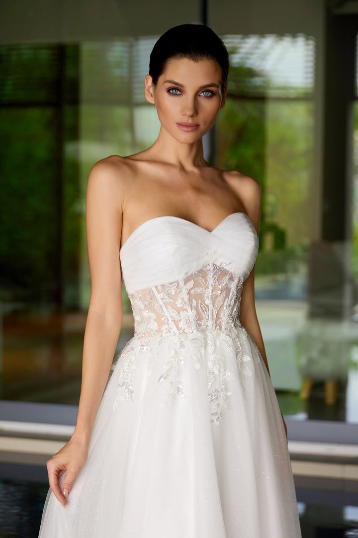 Applique Mesh Strapless Gown by Juliet JT2702AW
