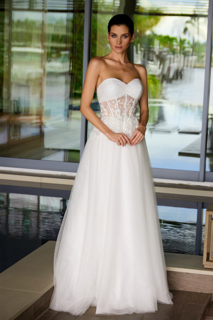 Applique Mesh Strapless Gown by Juliet JT2702AW
