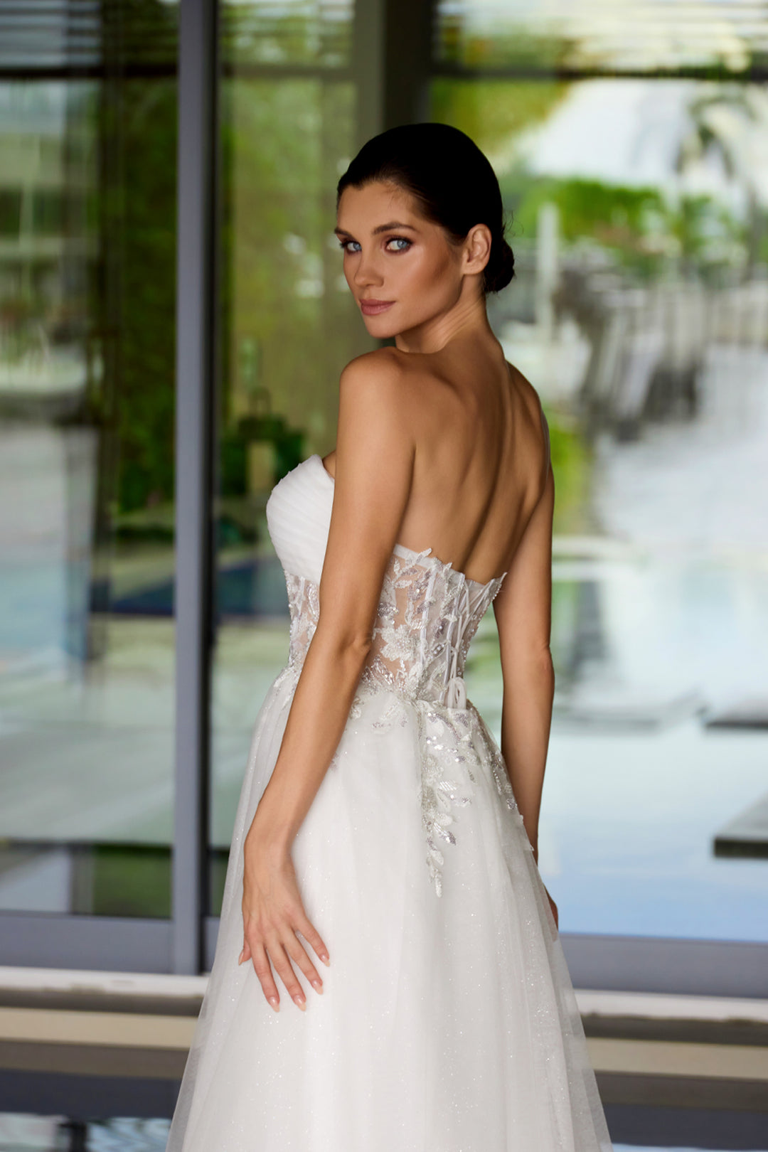 Applique Mesh Strapless Gown by Juliet JT2702AW