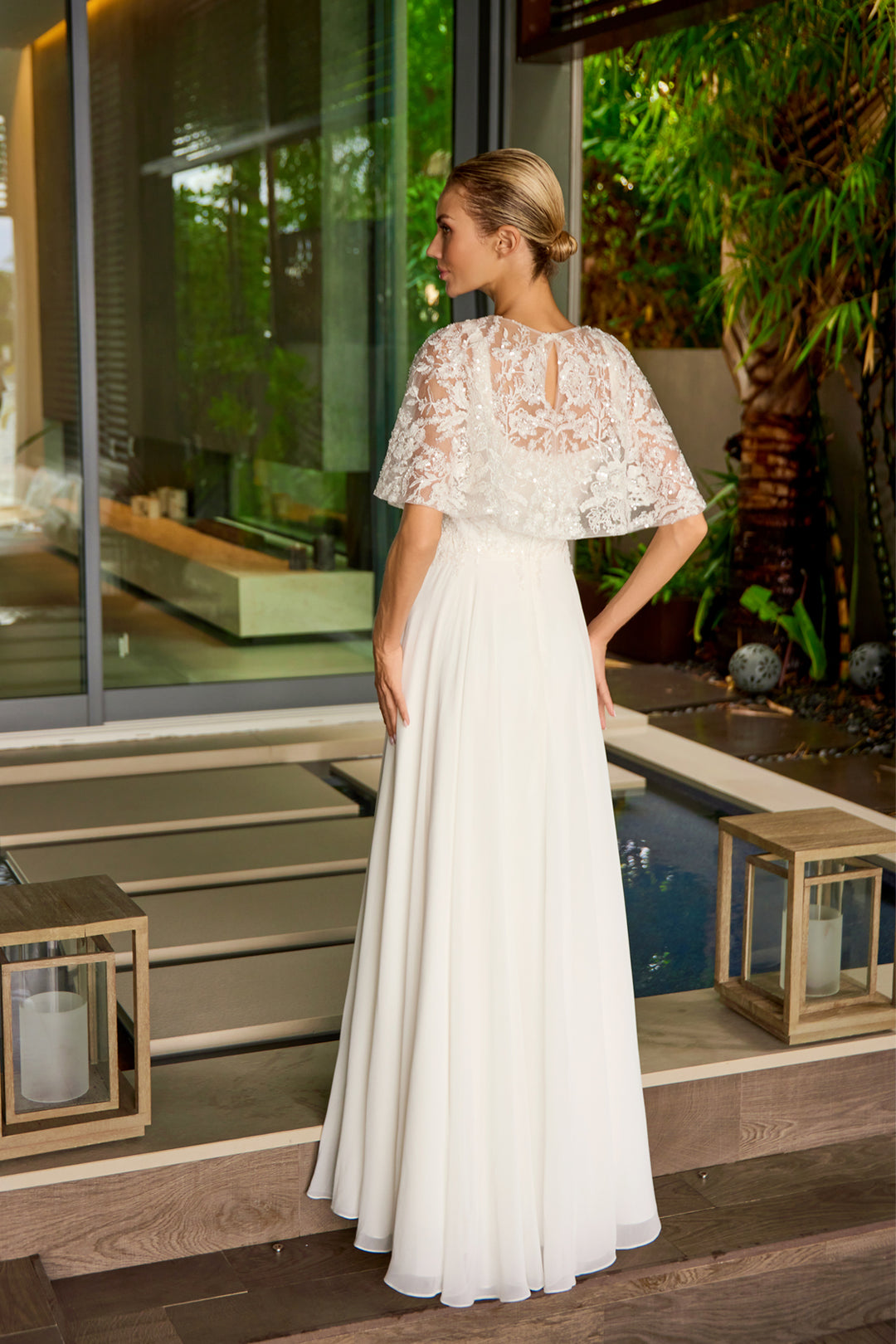 White Sleeveless Capelet Gown by Juliet JTM21LW