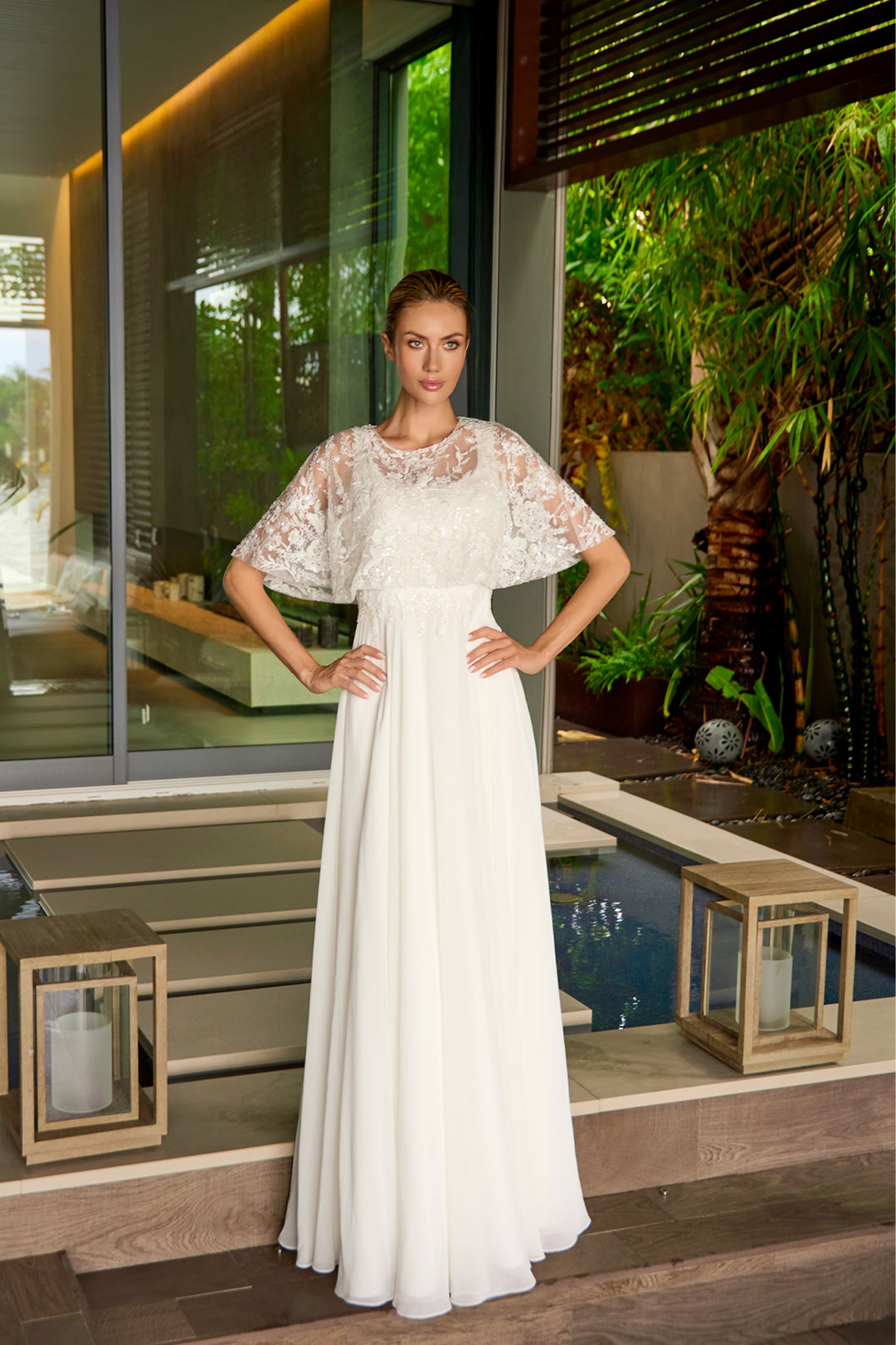 White Sleeveless Capelet Gown by Juliet JTM21LW