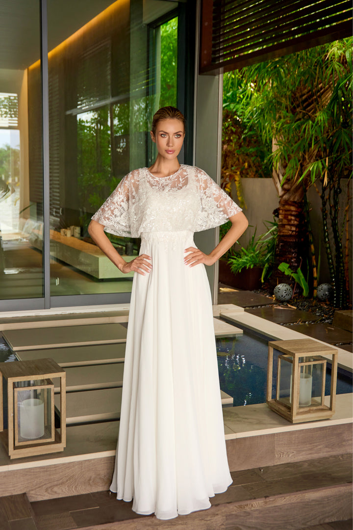 White Sleeveless Capelet Gown by Juliet JTM21LW