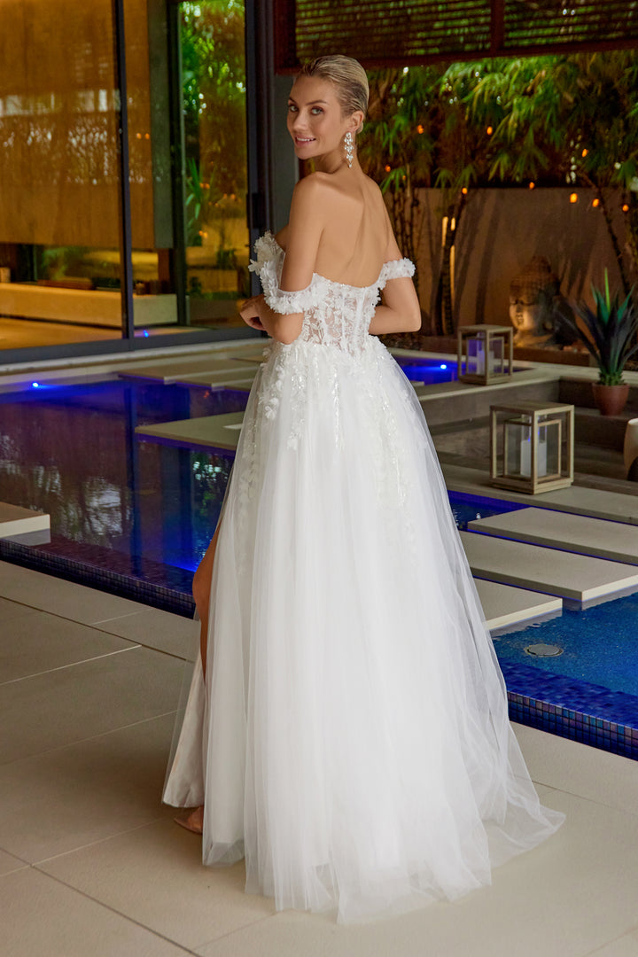 White 3D Floral Off Shoulder Gown by Juliet JT2483KW