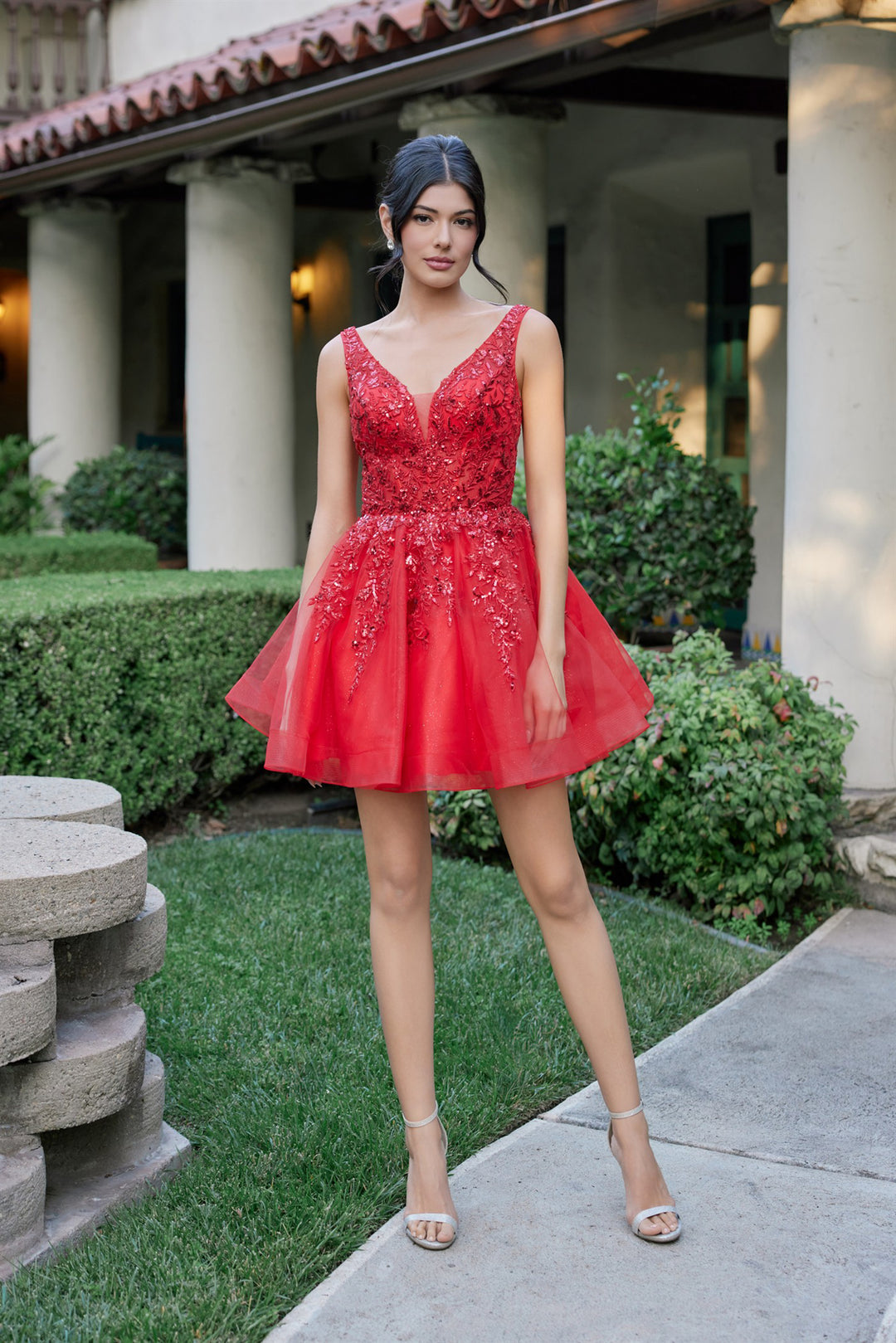 Applique Short V-Neck A-line Dress by Juliet JT987N