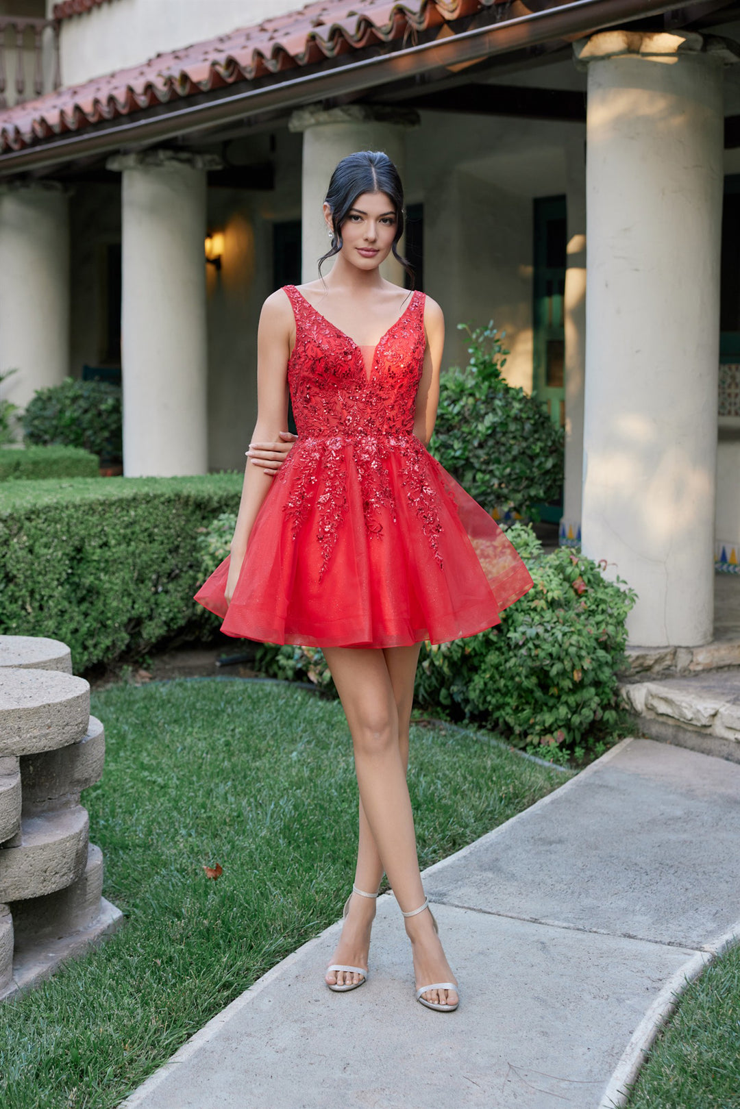 Applique Short V-Neck A-line Dress by Juliet JT987N