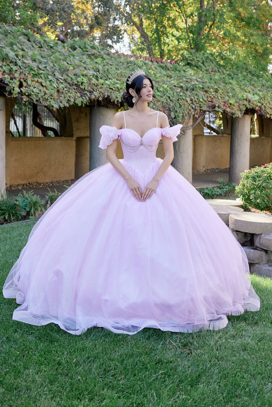 Glitter Tulle Off Shoulder Ball Gown by Juliet JT1487H - Baby Pink / 2 Glitter Tulle Off Shoulder Ball Gown by Juliet JT1487H - Baby Pink / 2