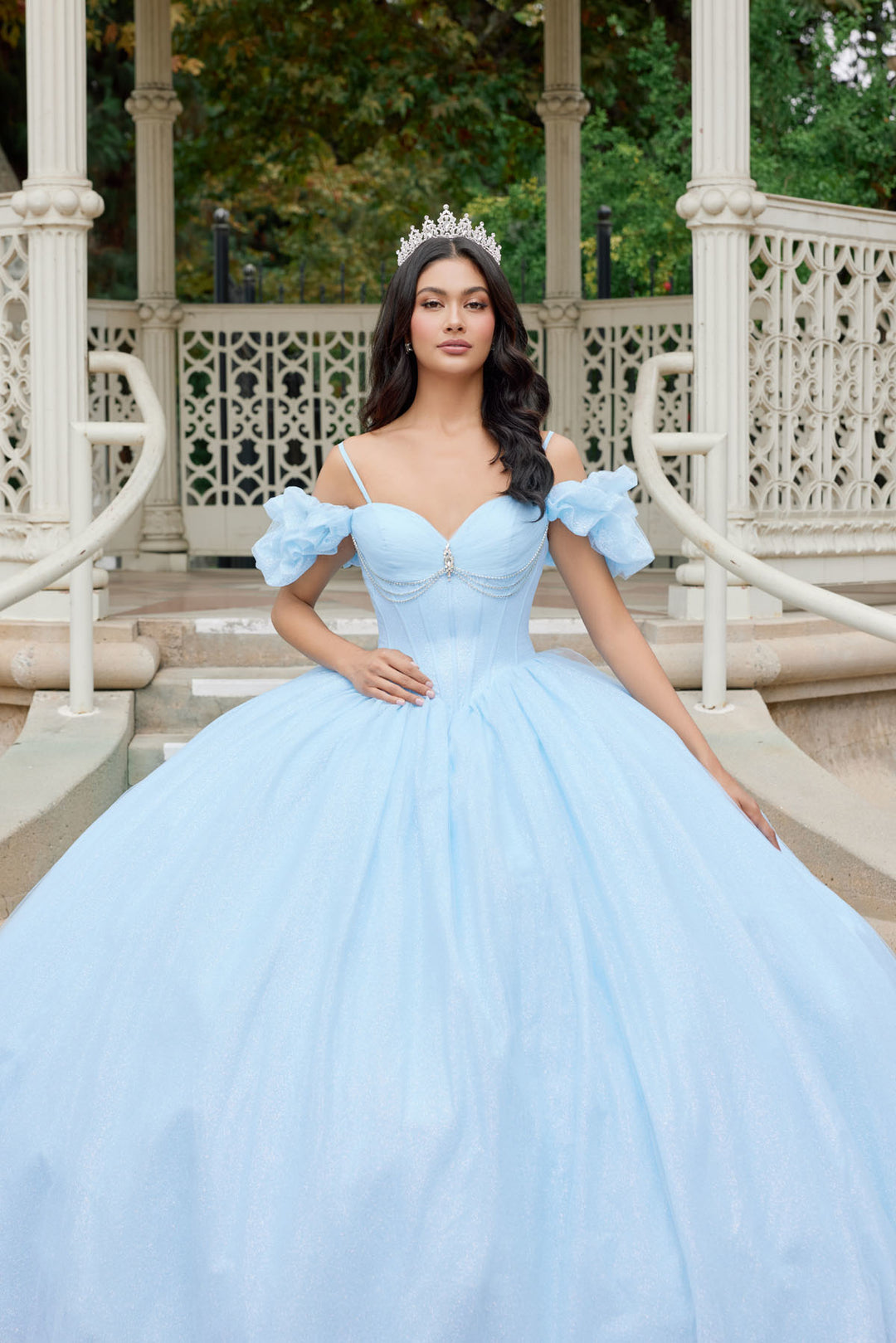 Glitter Tulle Off Shoulder Ball Gown by Juliet JT1487H 12 / Bahama Blue