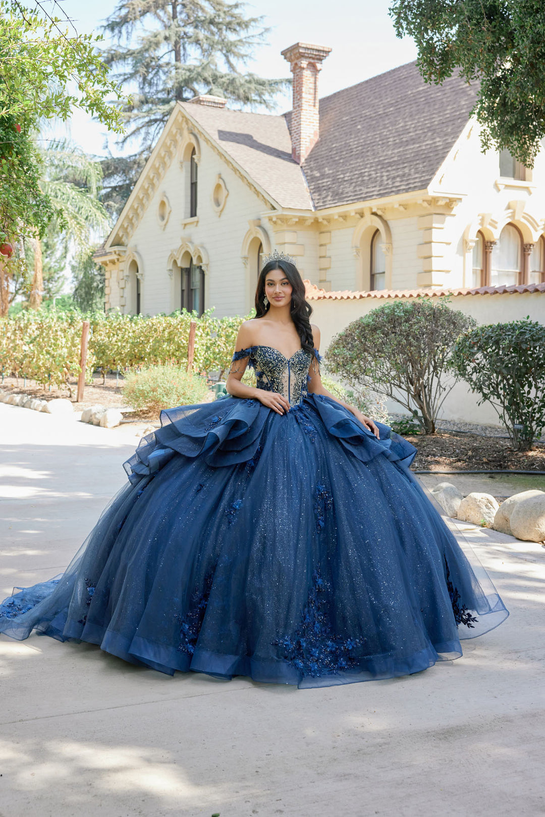 Beaded Appliqu Glitter Tulle Off Shoulder Gown 1501J by Juliet 0 / Navy Blue Beaded Appliqu Glitter Tulle Off Shoulder Gown 1501J by Juliet 0 / Navy Blue