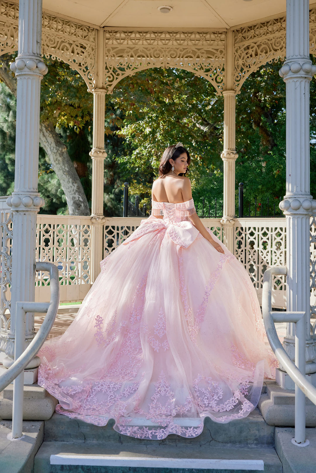 Off Shoulder Fringe Ball Gown by Juliet JT1503J