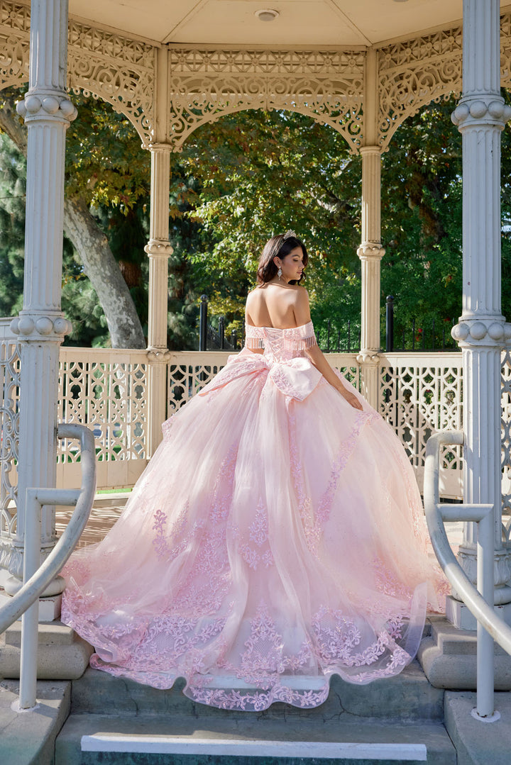 Off Shoulder Fringe Ball Gown by Juliet JT1503J