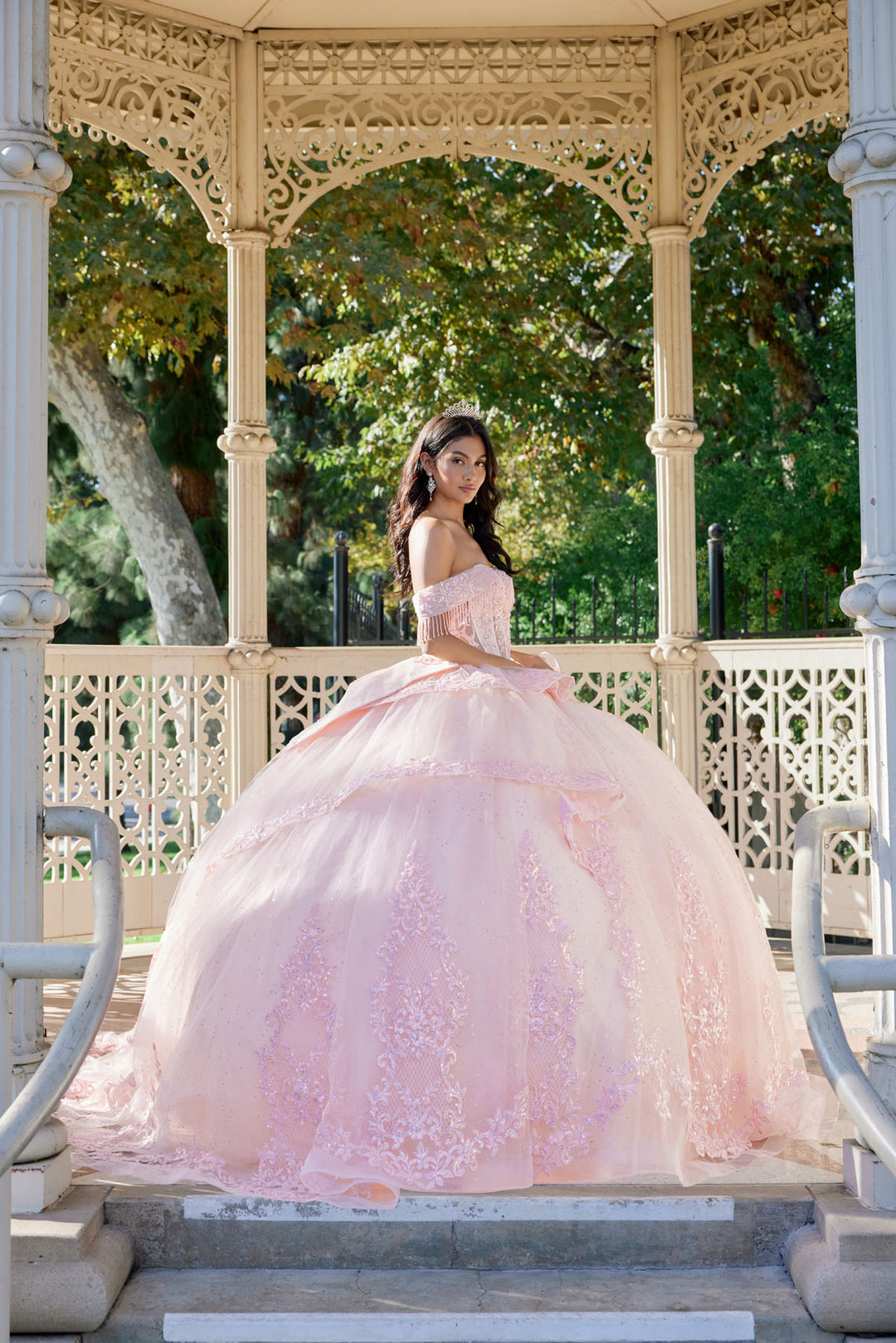 Off Shoulder Fringe Ball Gown by Juliet JT1503J