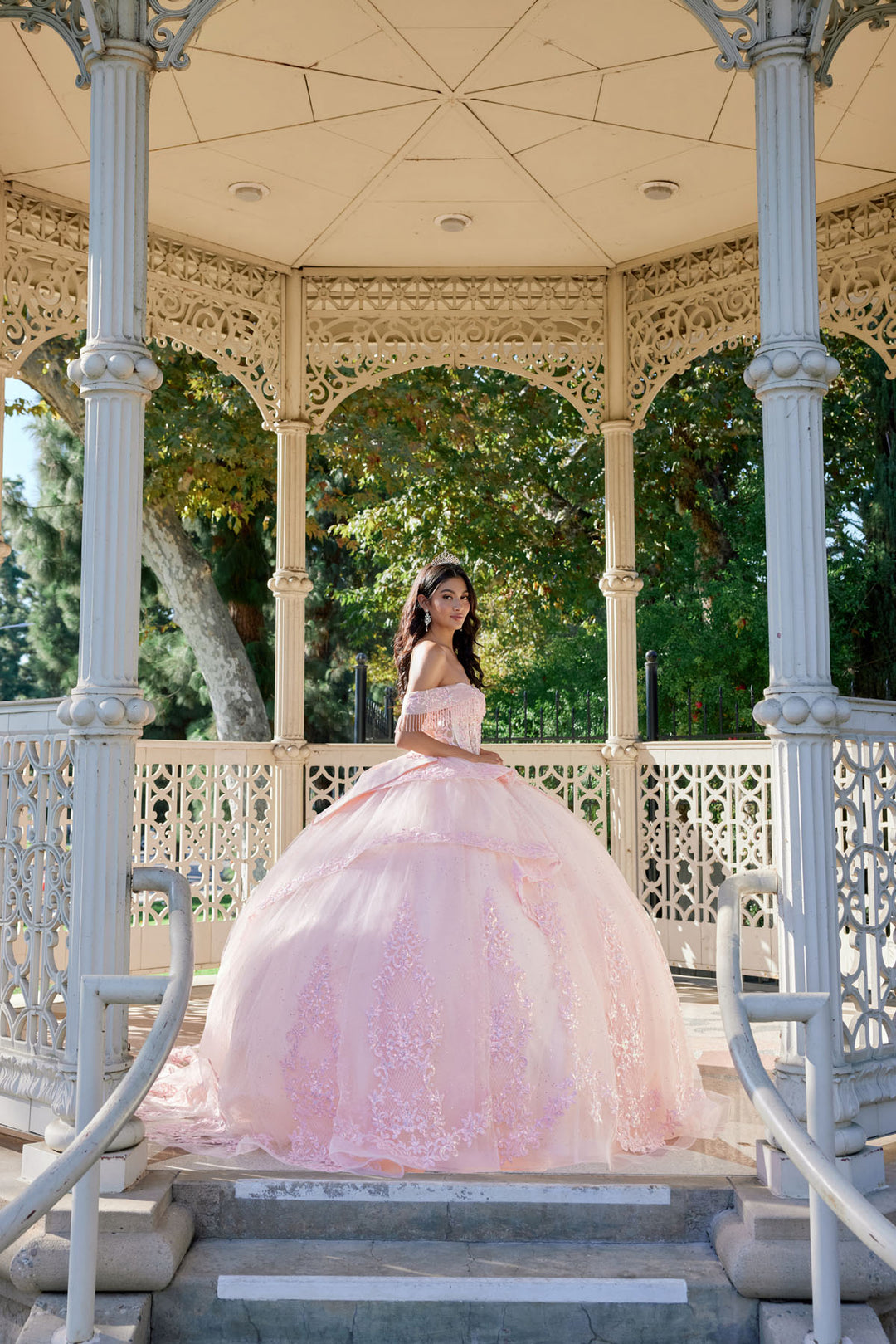 Off Shoulder Fringe Ball Gown by Juliet JT1503J