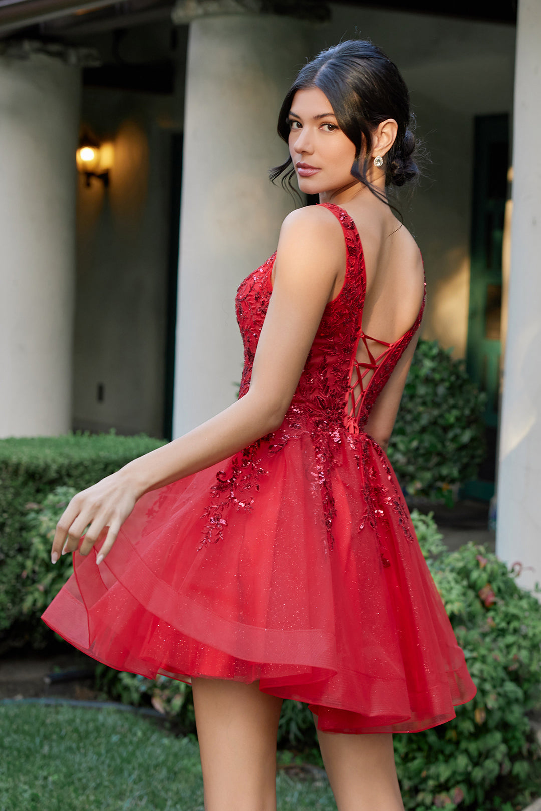 Applique Short V-Neck A-line Dress by Juliet JT987N