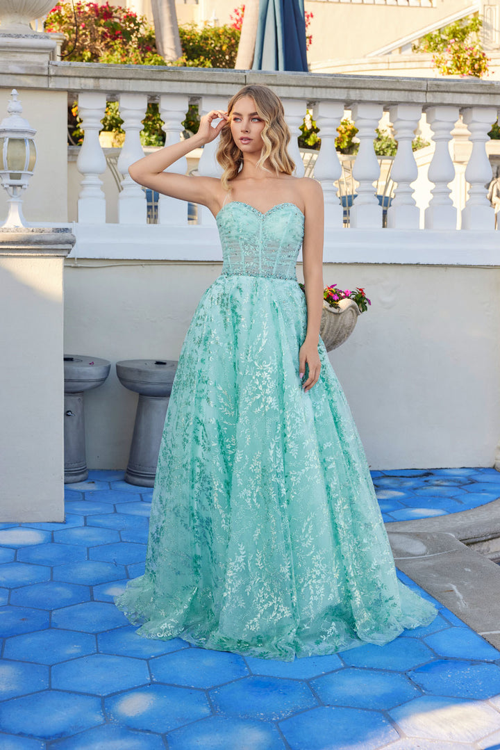 Glitter Print Strapless A-line Gown by Juliet JT2547S