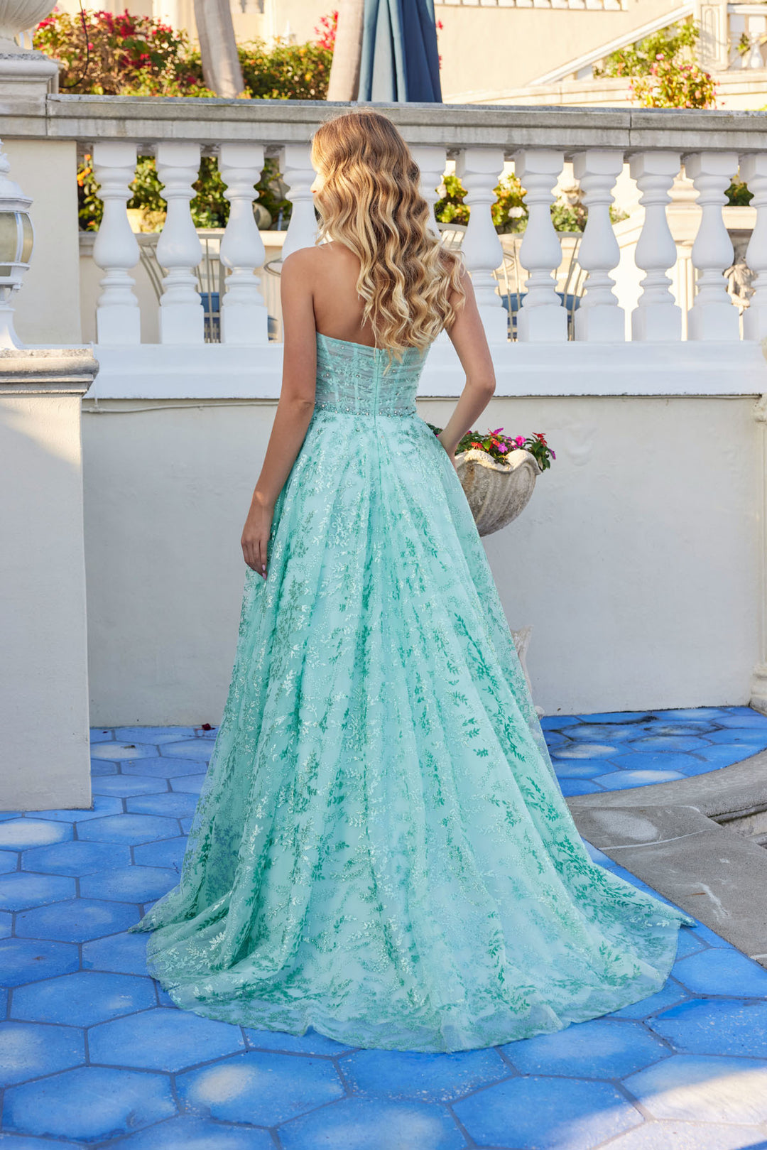 Glitter Print Strapless A-line Gown by Juliet JT2547S