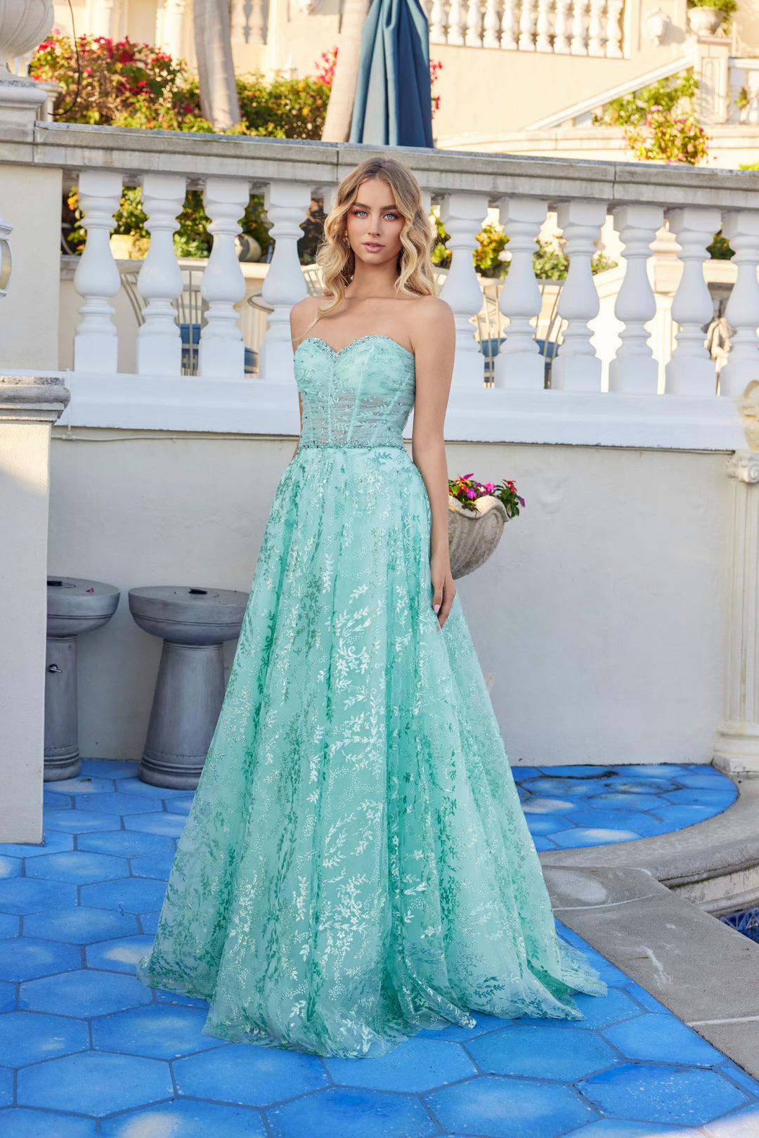 Glitter Print Strapless A-line Gown by Juliet JT2547S