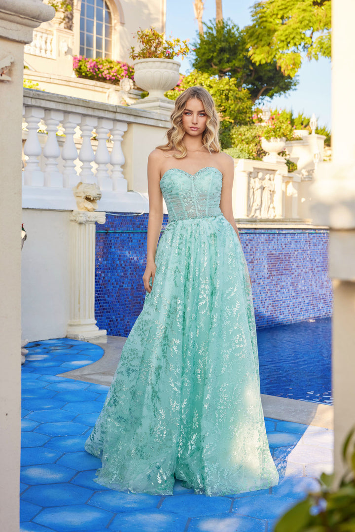 Glitter Print Strapless A-line Gown by Juliet JT2547S