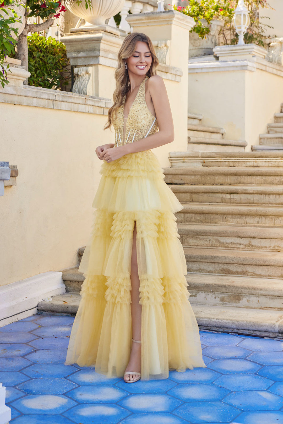 Halter Ruffled A-line Slit Gown by Juliet JT2556S