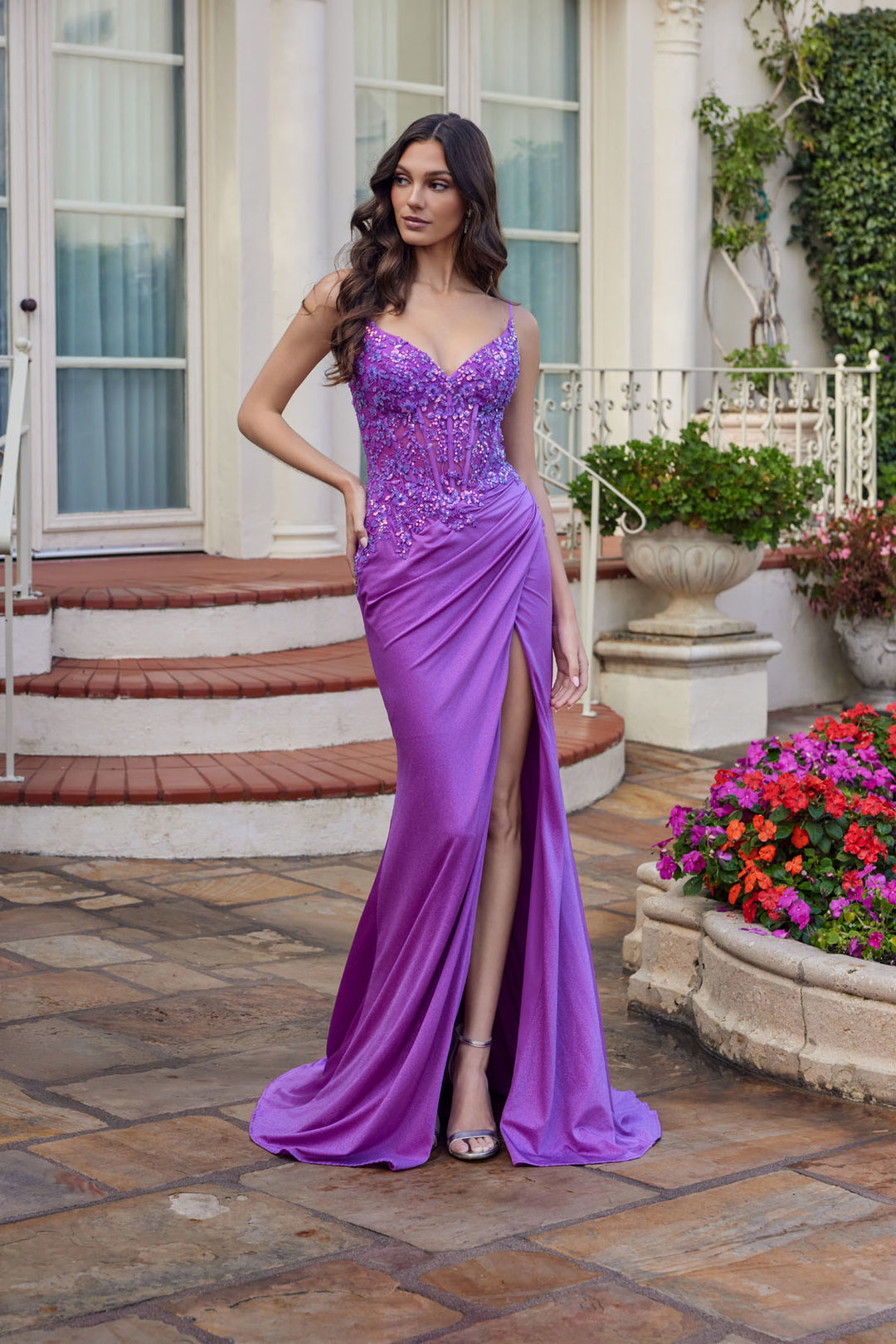 Applique Fitted Sleeveless Slit Gown by Juliet JT2613N