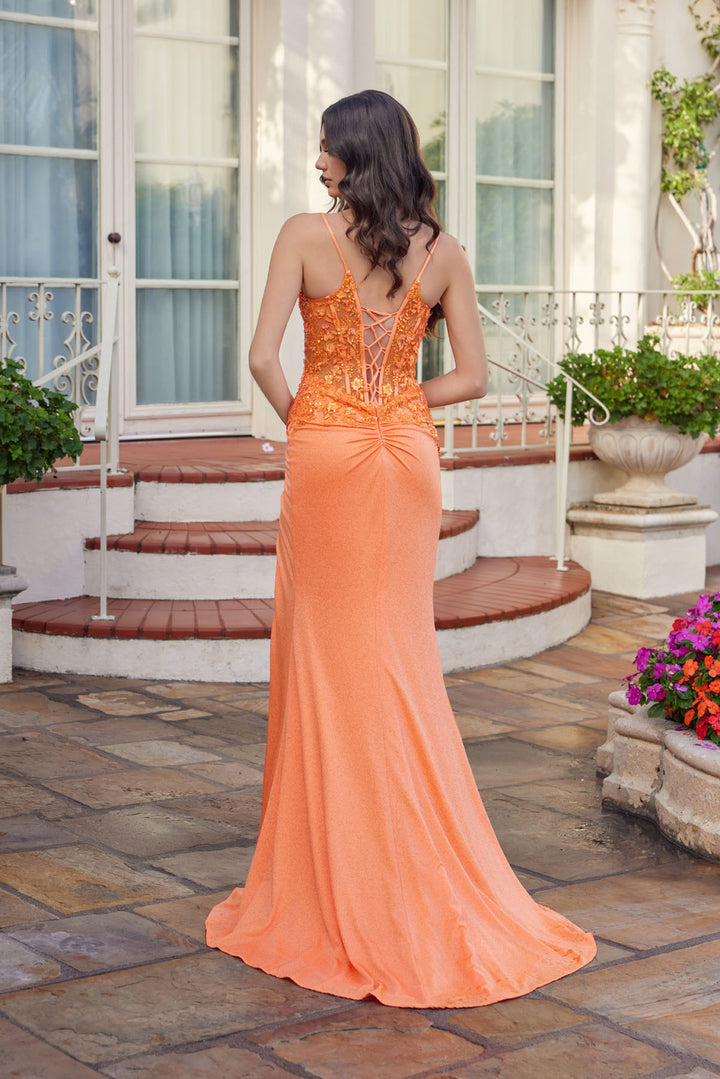 Applique Fitted Sleeveless Slit Gown by Juliet JT2613N