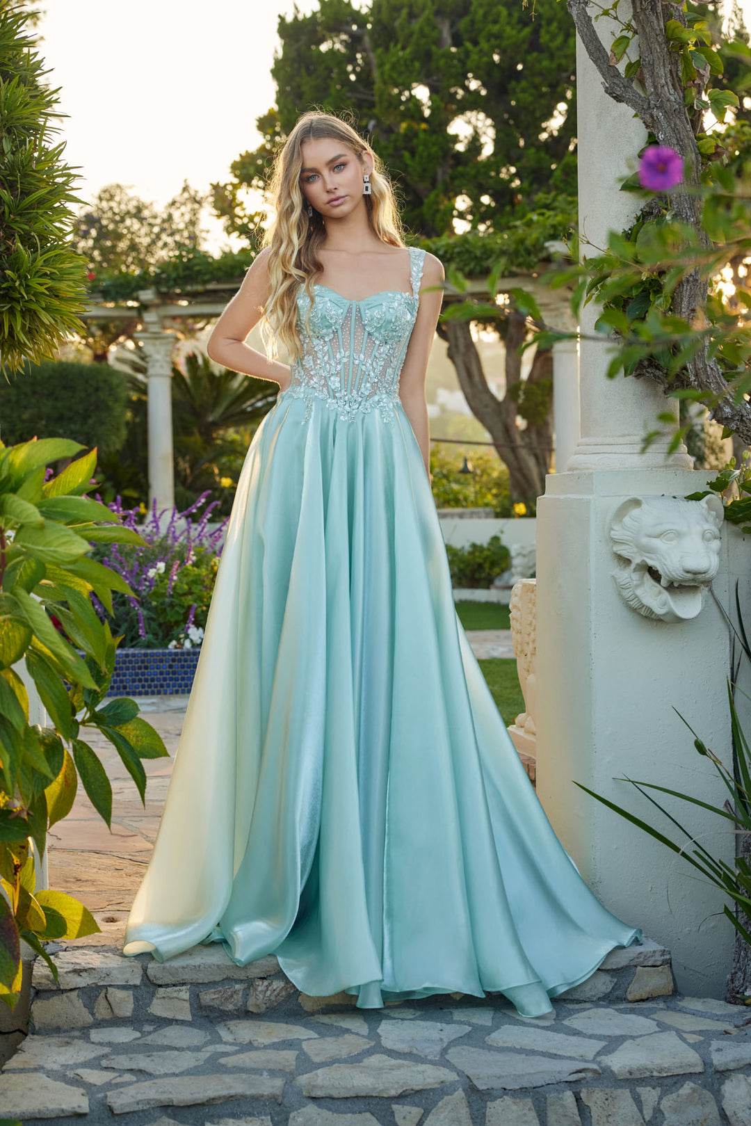 Beaded Satin Sleeveless A-line Gown by Juliet JT2639G