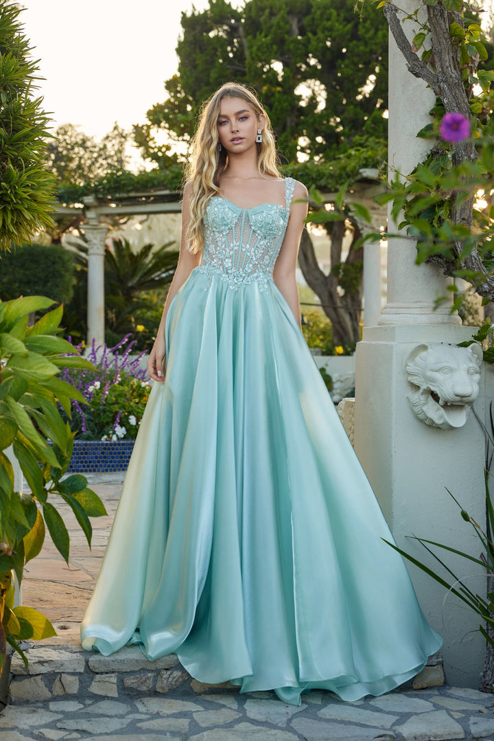 Beaded Satin Sleeveless A-line Gown by Juliet JT2639G
