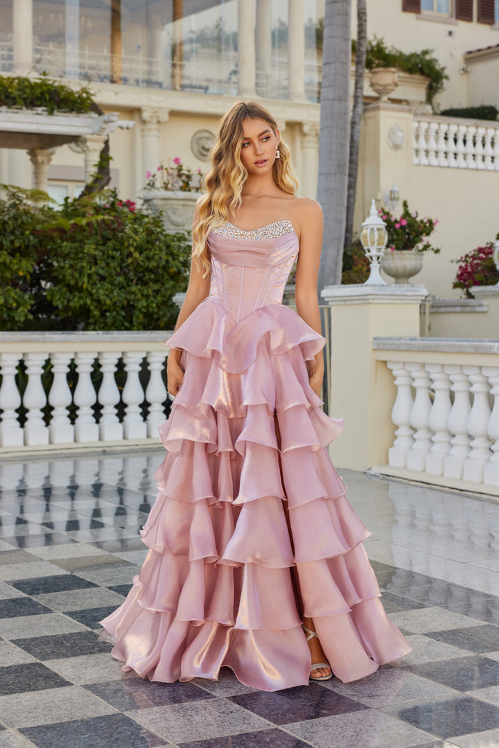Strapless A-line Ruffled Slit Gown by Juliet JT2664S
