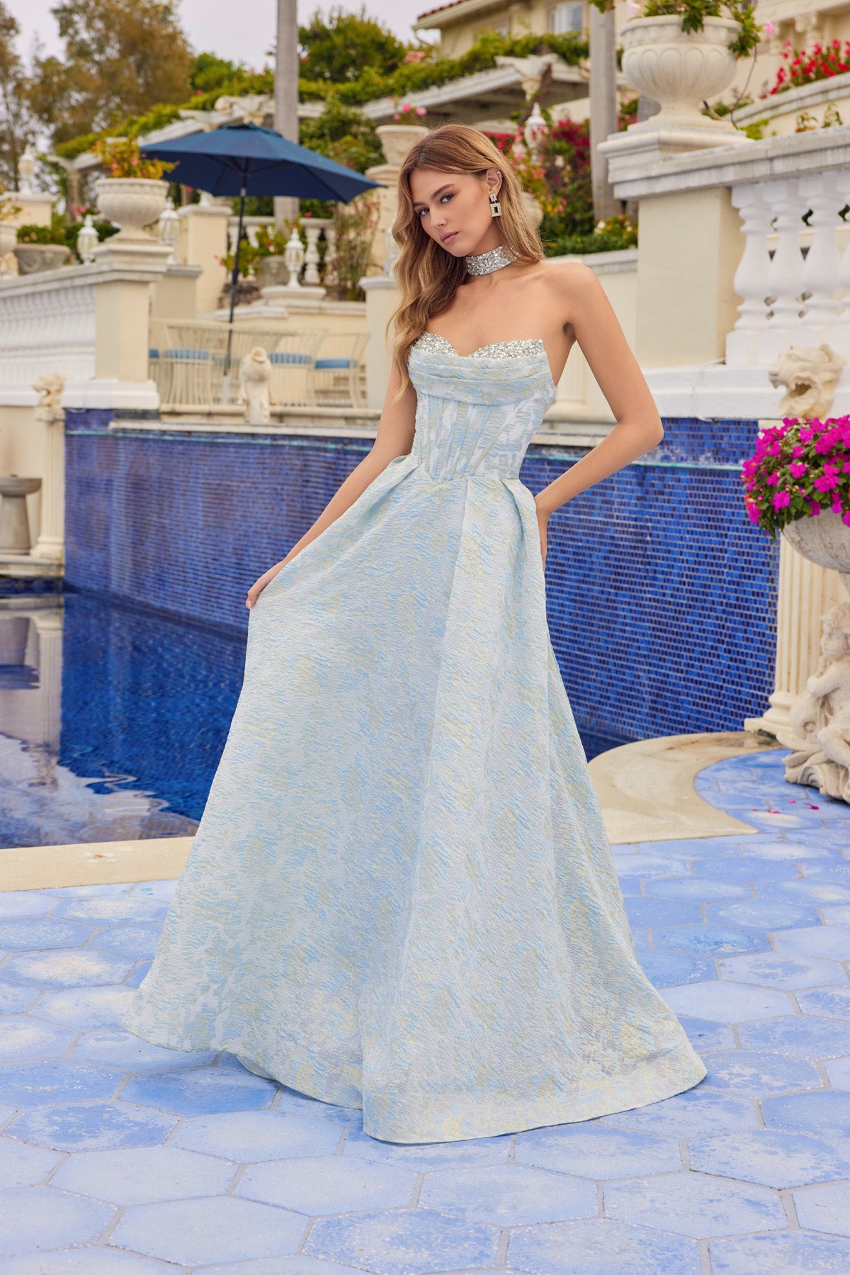 Jacquard Strapless Choker A-line Gown by Juliet JT2693A – ABC Fashion