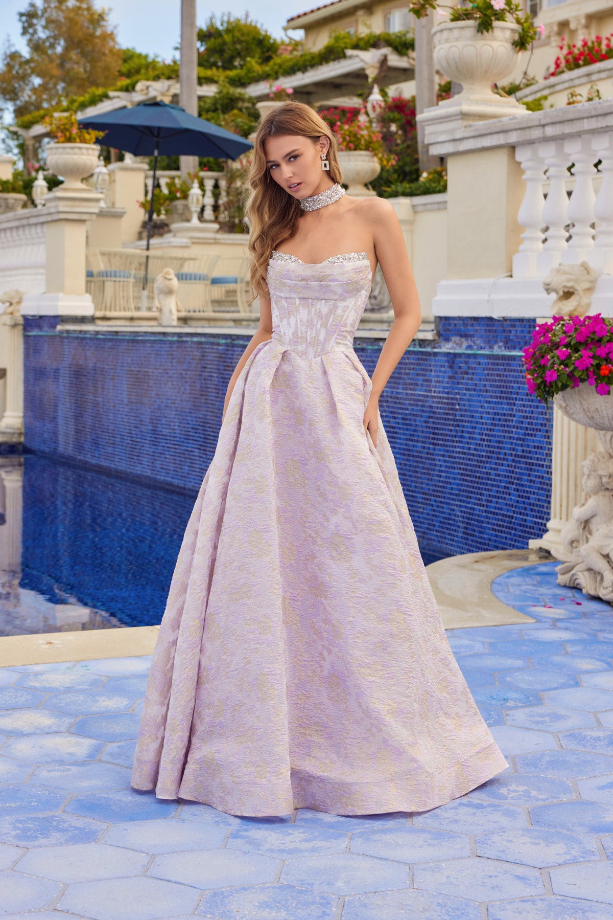 Jacquard Strapless Choker A-line Gown by Juliet JT2693A – ABC Fashion