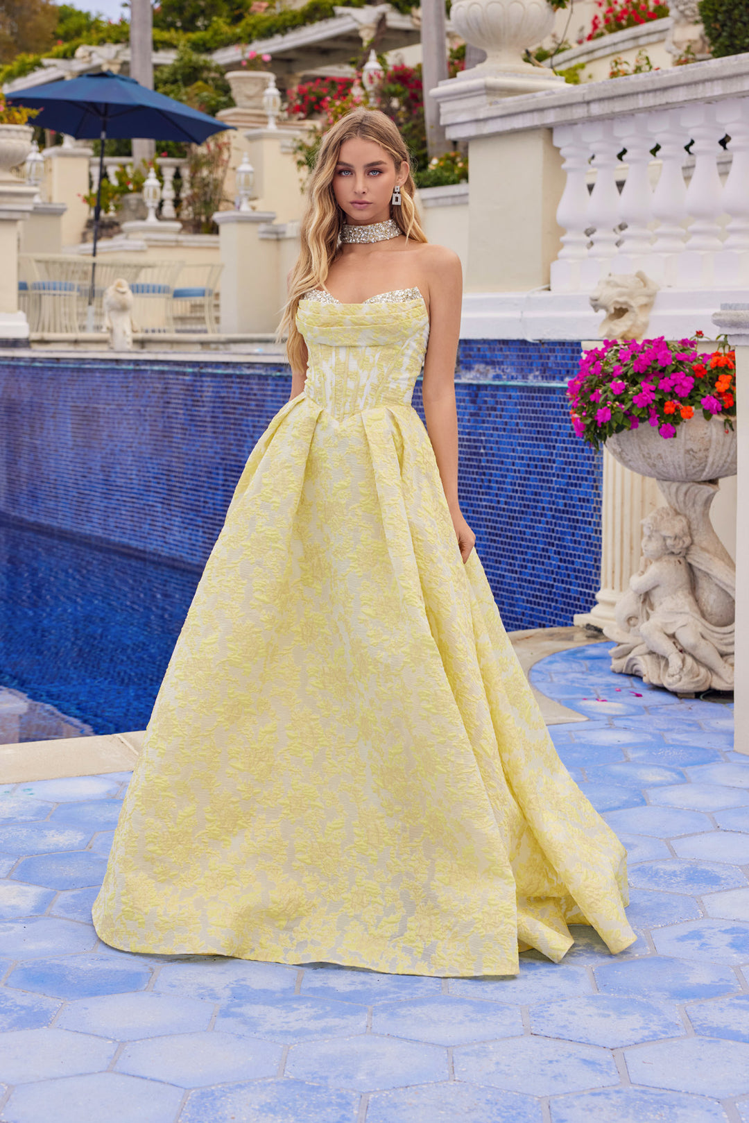 Juliet JT2693A Long Formal Beaded Fitted Floral Ball Gown Prom Dress - Yellow / 12 Juliet JT2693A Long Formal Beaded Fitted Floral Ball Gown Prom Dress - Yellow / 12