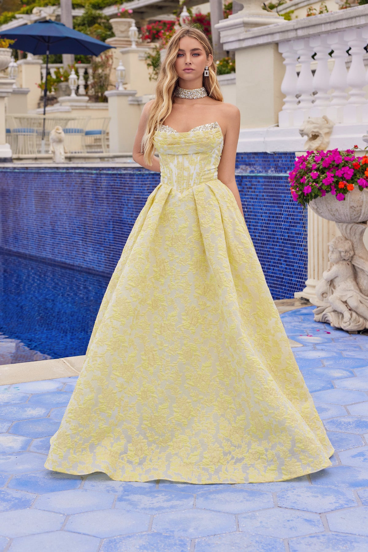 Jacquard Strapless Choker A-line Gown by Juliet JT2693A – ABC Fashion