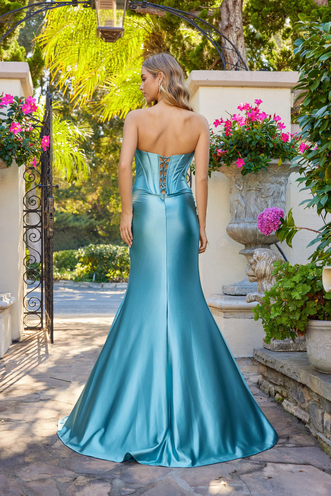 Beaded Satin Strapless Slit Gown by Juliet JT2708K