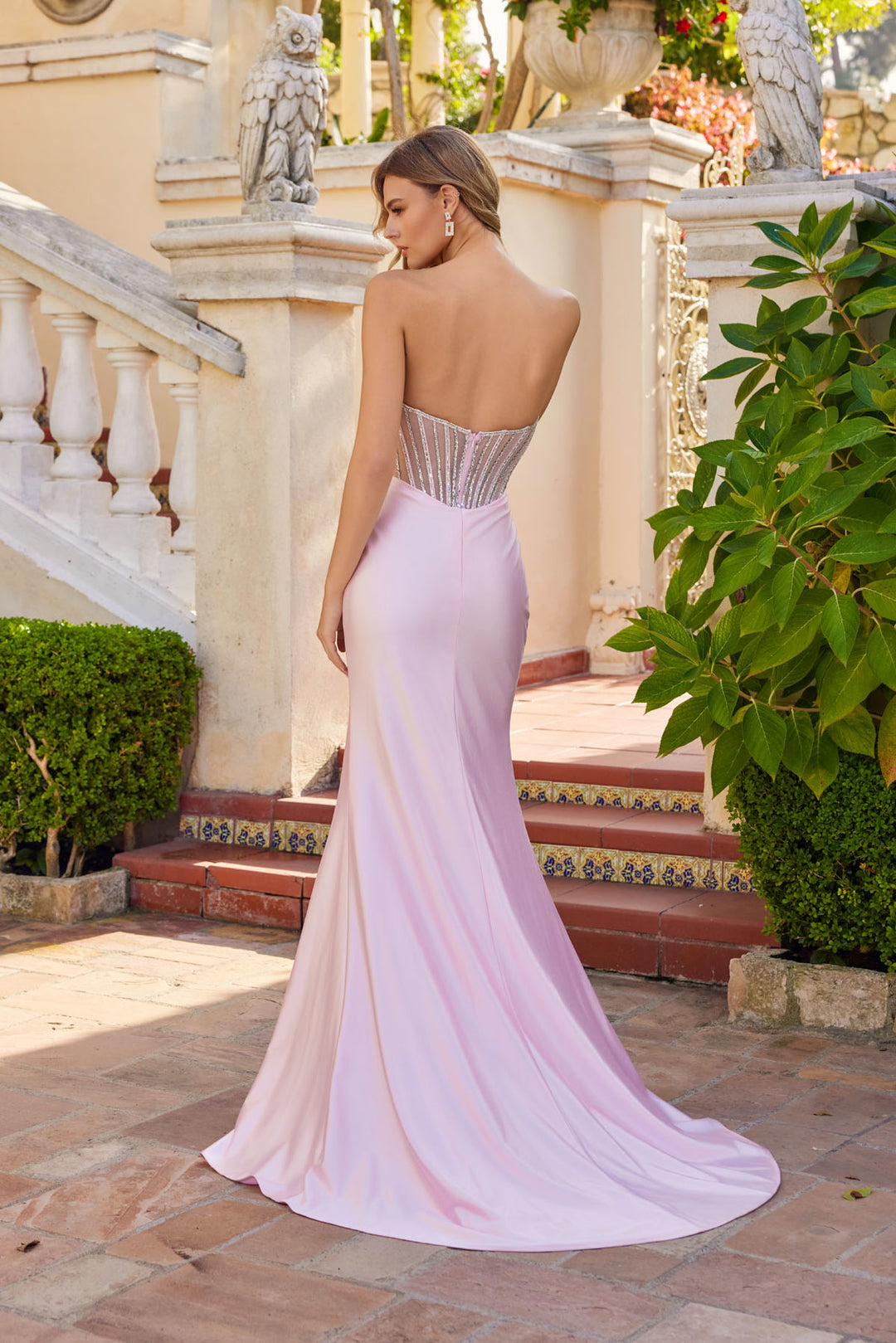 Beaded Satin Strapless Slit Gown by Juliet JT2729H