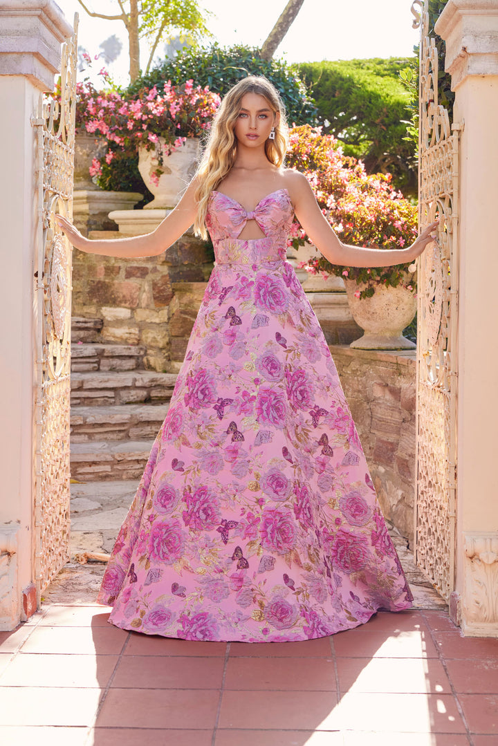 Floral Print Strapless A-line Gown by Juliet JT2735H