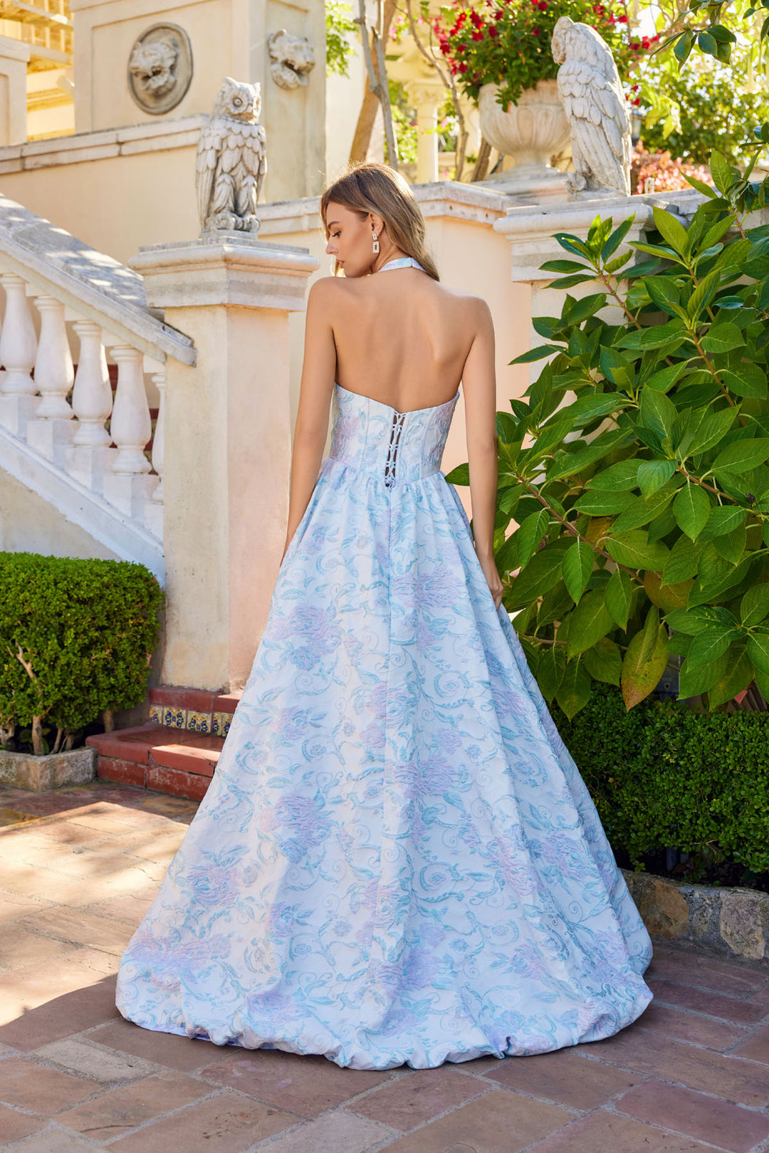 Jacquard Print Halter A-line Gown by Juliet JT2742A ABC Fashion Jacquard Print Halter A-line Gown by Juliet JT2742A ABC Fashion