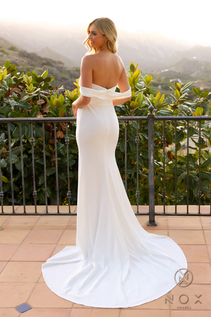 Fitted Off Shoulder White Slit Gown by Nox Anabel JE1007